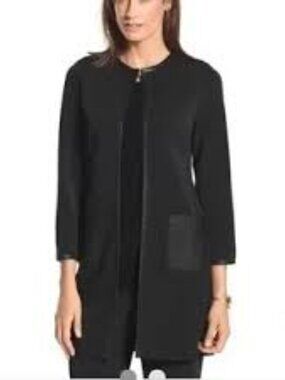 Chicos Travelers Collection Chelsea Black Jacket Faux Leather Trim Pockets